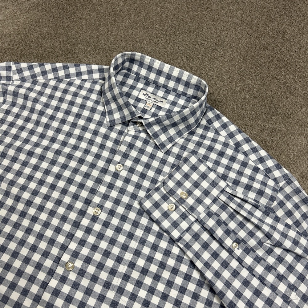 Peter Millar Shirt Summer Comfort Men XL Long Sleeve Button Down Blue Gingham